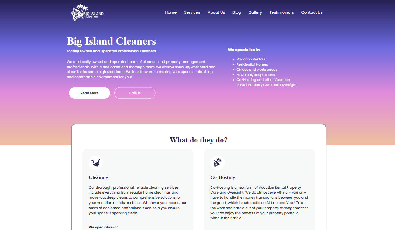 Screenshot of the Big Island Cleaners website